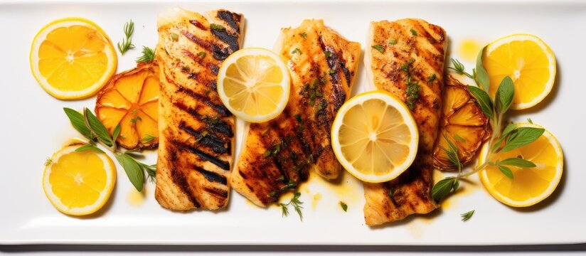 Grilled sturgeon lemon herbs and spices menu dieting cookbook