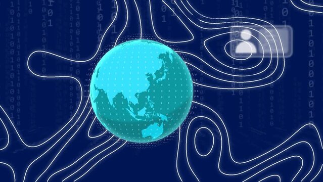 Animation of globe, profile icons, abstract pattern and binary codes over blue background