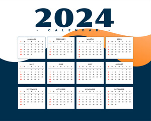 eye catching 2024 new year english calendar template design