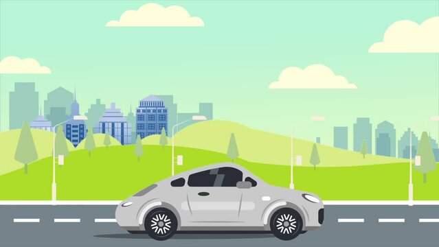 animated video of a car driving against a modern city background