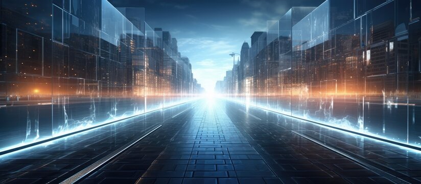 Digital artwork depicting a virtual city street created with fractal geometry and light effects Symbolizing virtual reality or communication