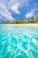 Beautiful tropical beach with white sand, palm trees, turquoise ocean blue sky clouds on sunny summer. Majestic panoramic landscape background for relaxing vacation, island of Maldives. Amazing nature - obrazy, fototapety, plakaty