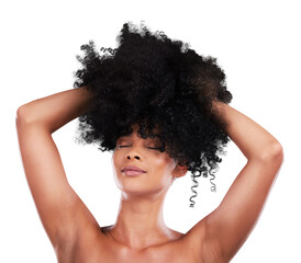 Hands in hair, face and black woman with afro and beauty, haircare and cosmetics on png transparent background. Person, natural and cosmetic treatment with curly hairstyle, healthy texture or smile
