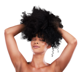 Hands in hair, face and black woman with afro and beauty, haircare and cosmetics on png transparent background. Person, natural and cosmetic treatment with curly hairstyle, healthy texture or smile