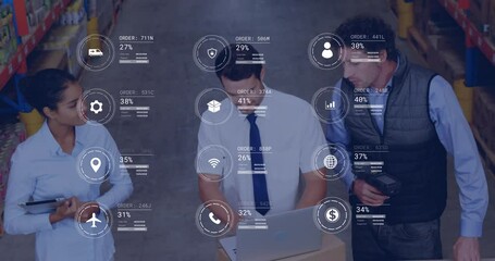 Animation of data processing against diverse team of supervisors discussing together at warehouse - Powered by Adobe