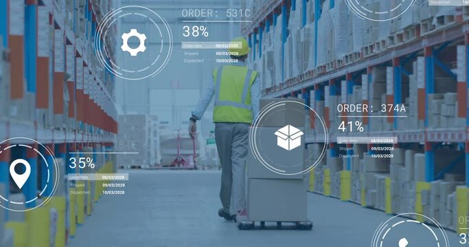 Animation of data processing against rear view of male worker pulling a pallet truck at warehouse
