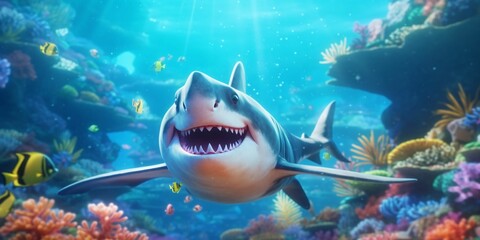 Fototapeta premium Smiling Shark Illustration Underwater in Cartoon Style. Fish Portrait
