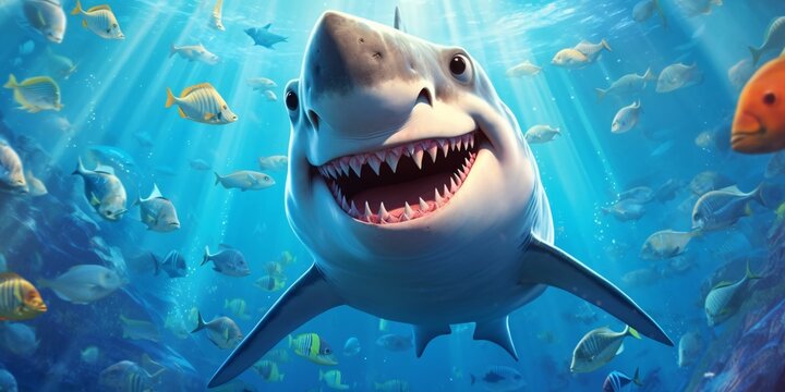 Smiling Shark Illustration Underwater in Cartoon Style. Fish Portrait