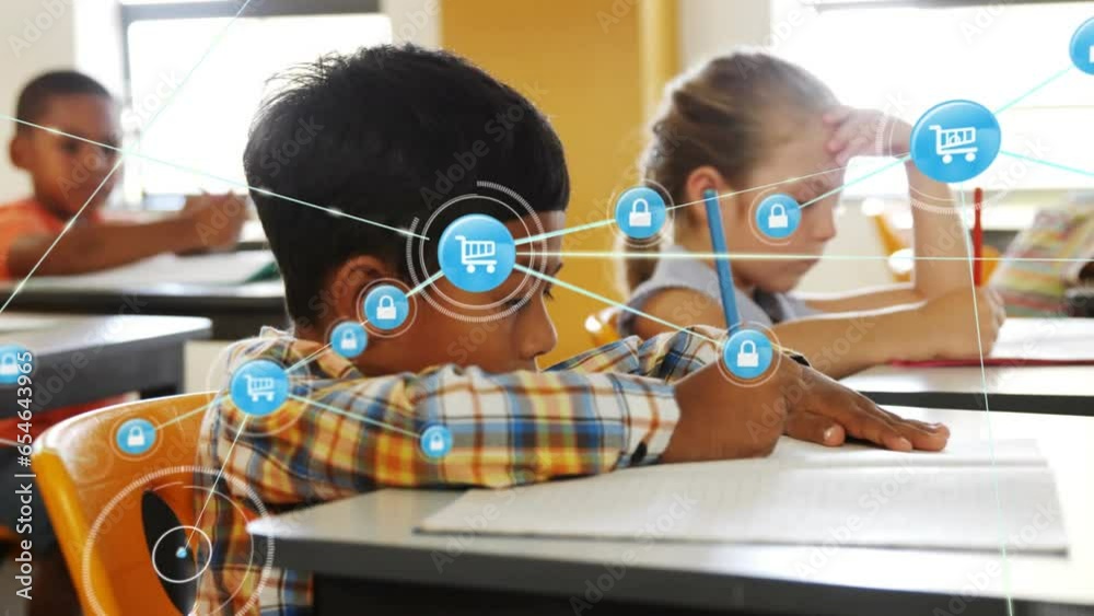 Wall mural Animation of network of digital icons against biracial boy studying in the class at school