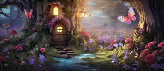 Magical forest with enchanted house blooming flowers and flying butterflies on sunny glade - obrazy, fototapety, plakaty