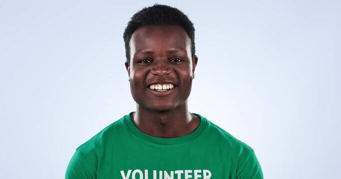 Thinking face, black man and volunteer idea for eco charity project, studio plan or waste management. Social responsibility portrait, eureka and problem solving pollution solution on blue background