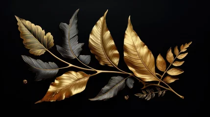 Papier Peint Lavable Mur chinois Golden and black tree leaves on black background. Great for wall art and home decor. Beautiful transparent golden blue leaves on isolated black background