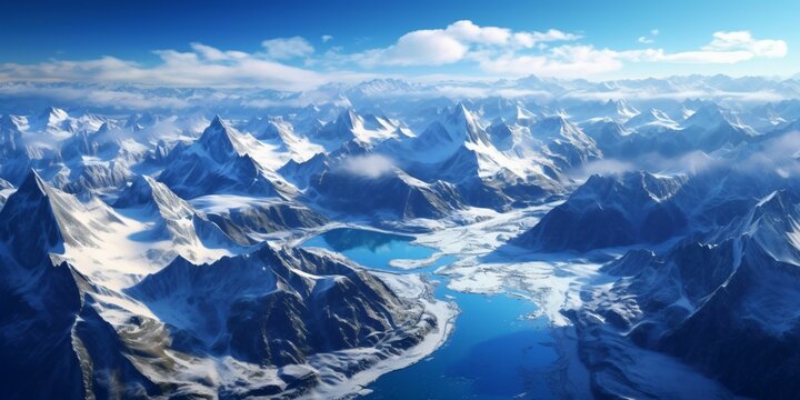 Illustration of a Large Snowy Mountain Landscape with a Lake Below. Winter Mountains