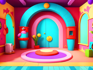 Photo of cartoon indoor background with drawing room.
