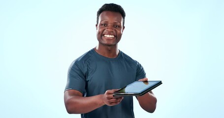 Personal trainer, black man and face with tablet for sign up, membership and gesture for gym contract. Portrait, male athlete and exercise with online info for training in studio with blue background
