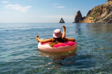 Summer vacation woman in hat floats on an inflatable donut mattress. Happy woman relaxing and...