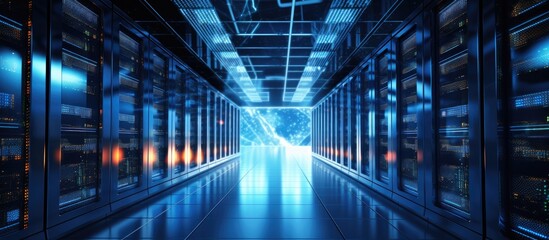 Obraz premium Tech background on data center servers futuristic design Server room with racks and dramatic lighting