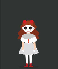 vector illustration girl character using scary evil clown wearing a dirty and ragged costume with a blank background at halloween party 