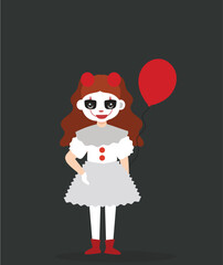 vector illustration girl character using scary evil clown wearing a dirty and ragged costume with a blank background at halloween party 
