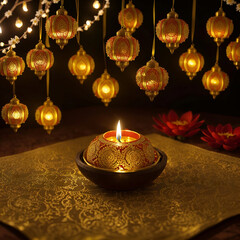 candles in brass candlesticks on a dark wooden background for Diwali celebration by ai generated
