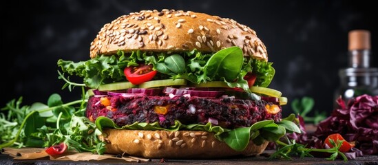 Vegan burger with purple ingredients closeup Alternative fast food