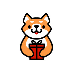 shiba inu dog is holding birthday gift Logo Cartoon Mascot character vector icon illustration