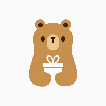 little bear cub is holding birthday gift Logo Cartoon Mascot character vector icon illustration