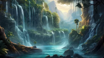 Foto op Aluminium Beautiful Fantasy Scenery Landscape Background of Waterfall in a Lush Jungle. Lake, Ancient Ruins & Cave in a Rain Forest Wallpaper. Generative AI Illustration.  © Tuyres