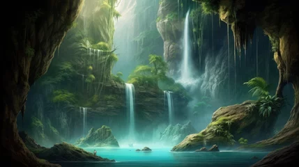 Photo sur Plexiglas Paysage fantastique Beautiful Fantasy Scenery Landscape Background of Waterfall in a Lush Jungle. Lake, Ancient Ruins & Cave in a Rain Forest Wallpaper. Generative AI Illustration. 
