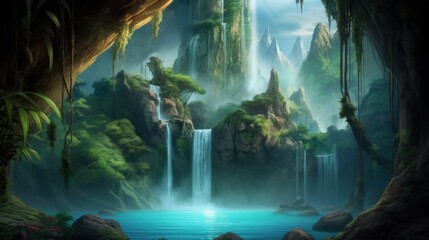 Beautiful Fantasy Scenery Landscape Background of Waterfall in a Lush Jungle. Lake, Ancient Ruins & Cave in a Rain Forest Wallpaper. Generative AI Illustration. 