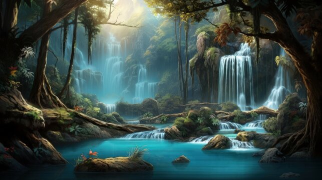 Beautiful Fantasy Scenery Landscape Background of Waterfall in a Lush Jungle. Lake, Ancient Ruins & Cave in a Rain Forest Wallpaper. Generative AI Illustration. 