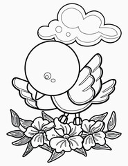 Cute love birds coloring page for kids and adult with flower, Doodle style, black and white background, Funny doves, Cute animal Coloring page for Kids Children stock vector illustration