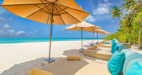 Popular summer holiday and vacation destination. Sunny sea coast umbrellas chairs beach beds coconut palm trees. Luxury travel, best landscape. Tropical paradise island. Exotic seaside calm wellbeing