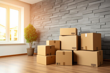 natural lighting of cardboard boxes packed with luggage to move to a new house in background of new home. real estate concept for moving and purchasing.