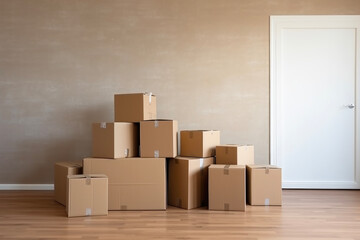 natural lighting of cardboard boxes packed with luggage to move to a new house in background of new home. real estate concept for moving and purchasing.