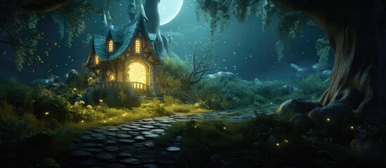 Magical forest with enchanted cottage depicted in 