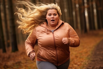 Portrait of chubby woman jogging in autumn park background at the morning.