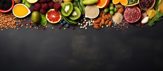 Healthy food concept promoting immunity with various plant based ingredients high in vitamins minerals antioxidants and fiber arranged on a slate surface - obrazy, fototapety, plakaty
