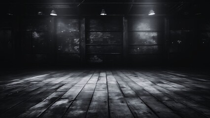 Black and white classic old warehouse building illuminated by the light in a dark room