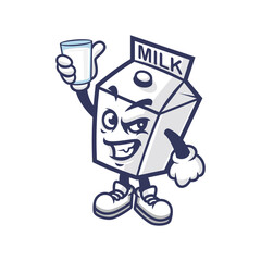 Cute milk cardboard box mascot with drinking glass