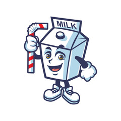 Cute milk cardboard box mascot with straw