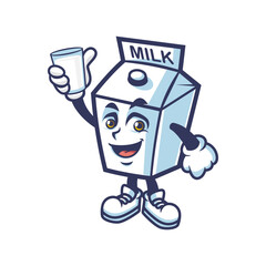 Cute milk cardboard box mascot with drinking glass