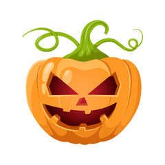 Pumpkin isolated. Main symbol of Happy Halloween holiday. Orange pumpkin with scary spooky smile for your design for the holiday Halloween, holiday poster, for website. Flat style Vector illustration.