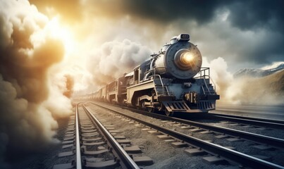 Photo of a train approaching on the tracks - obrazy, fototapety, plakaty