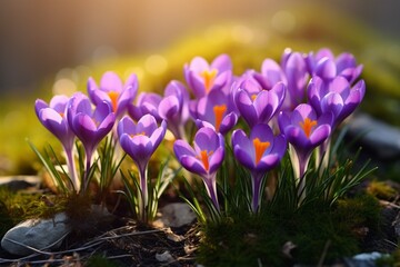Generative AI : Purple Crocus Flowers in Spring. High quality photo