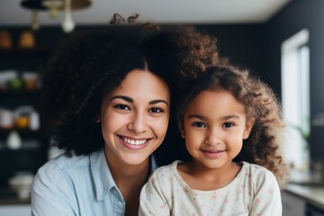 Generative AI : Close-up portrait of happy biracial mother and daughter hugging in kitchen at home, copy space