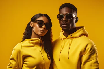 Fotobehang Young black female and male in yellow sporty clothes on a bright yellow background © PicMedia