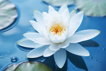 Generative AI : Bright white water lily close up. White lotus on blue background. Delicate flower in the pond. Tropical floral natural wallpaper. Aquatic plant. Macrophotography