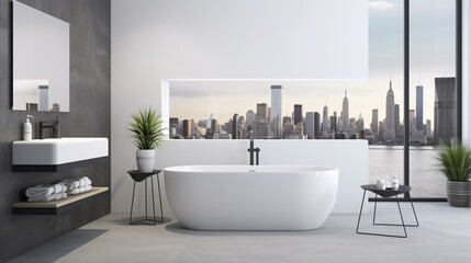 Modern bathroom interior with empty white billboard, window with city view, bath tub and decorative