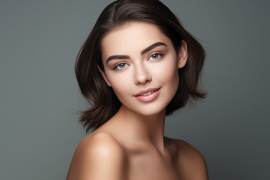 Generative AI : Beauty Woman face Portrait. Beautiful Spa model Girl with Perfect Fresh Clean Skin. Female looking at camera and smiling. Youth and Skin Care Concept